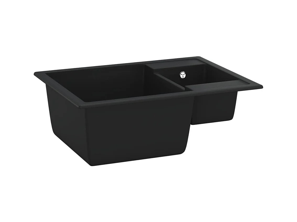 Küchenspüle aus schwarzem Granit und zwei Becken mit Überlaufloch