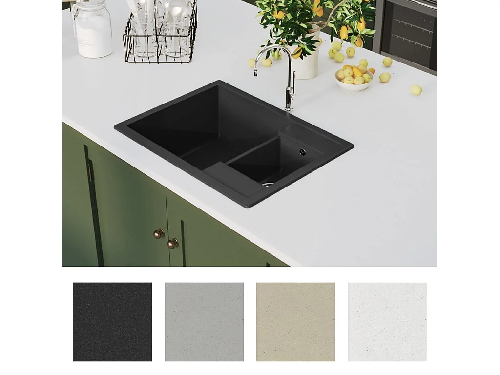 Küchenspüle aus schwarzem Granit und zwei Becken mit Überlaufloch