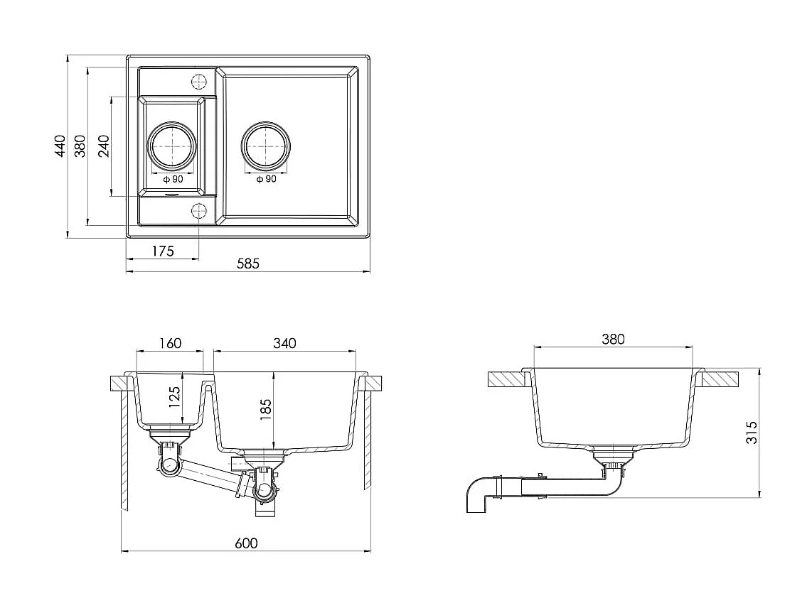Küchenspüle aus schwarzem Granit und zwei Becken mit Überlaufloch