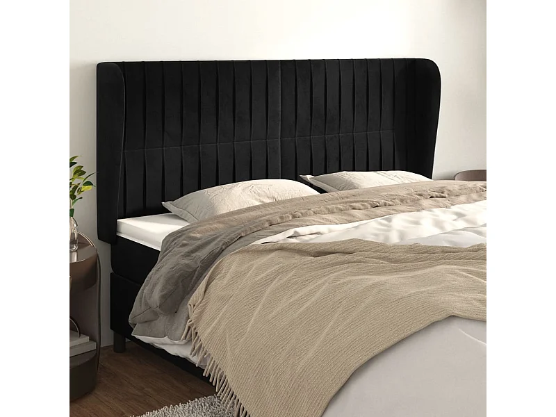 Hoofdbord met vleugels Zwart 203x23x118/128 cm Fluweel