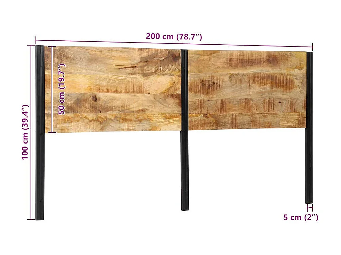 Testiera da 200 cm in legno massello di mango e ferro