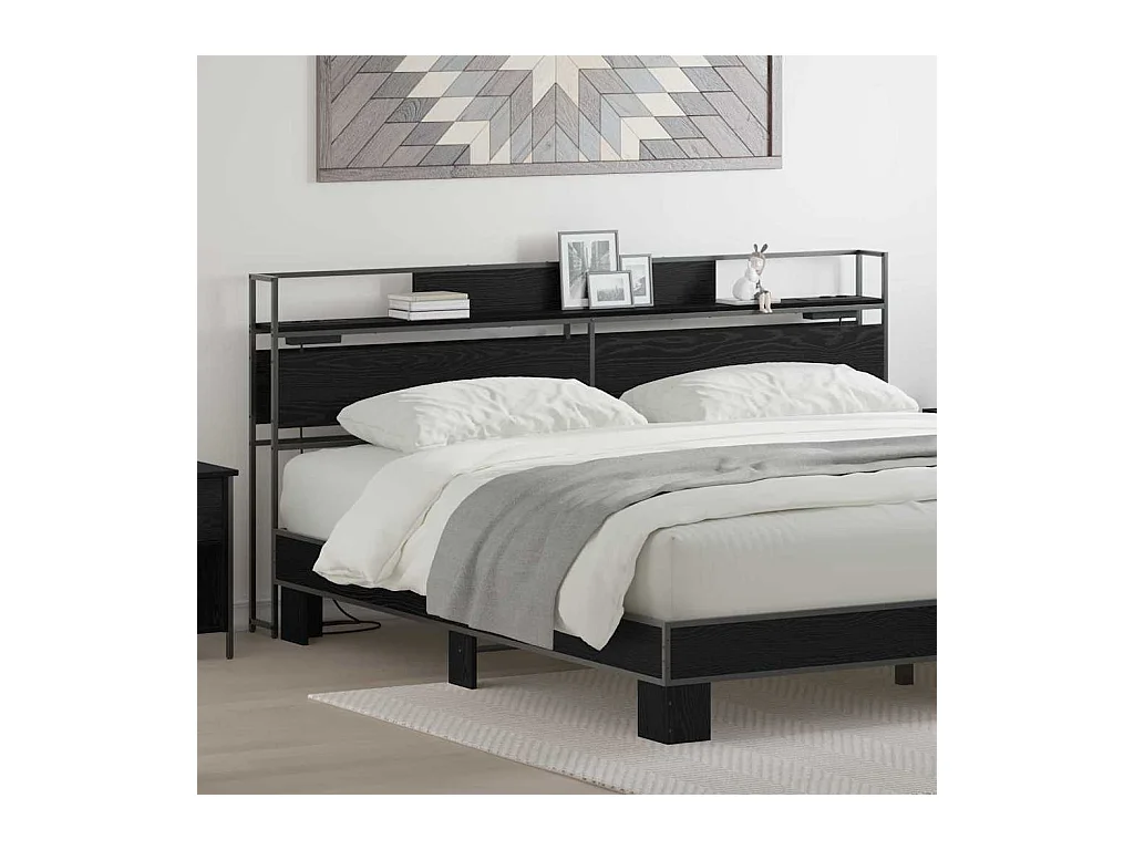 Zwarte eikenhouten hoofdeinde met opbergruimte, 200 cm, bewerkt hout