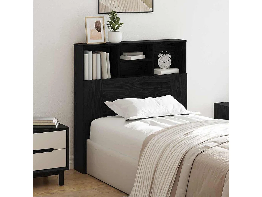 Mobiletto con testiera e ripiano in legno composito di rovere nero