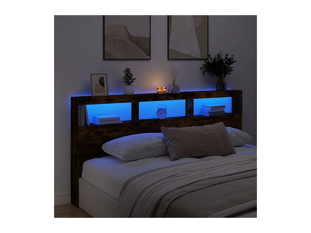 Cabecero de armario con LED roble ahumado 200x17x102 cm