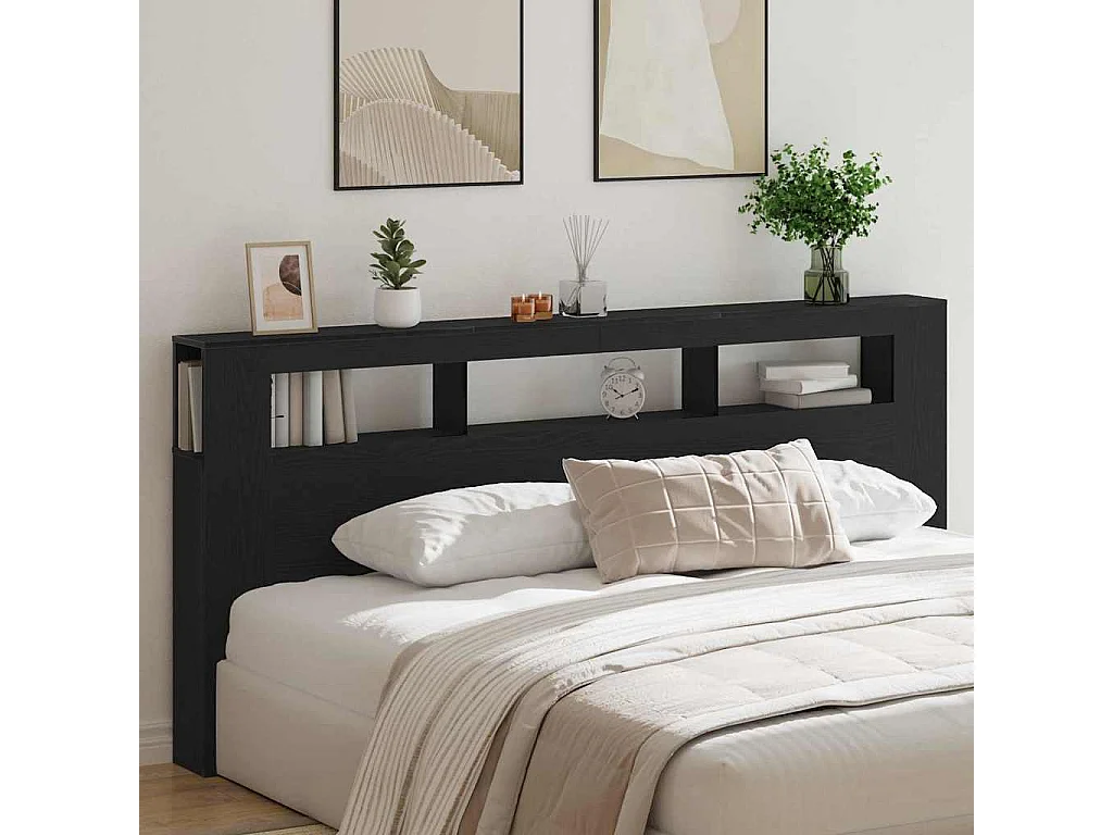Cabecero LED con estante Roble negro 220 x 18,5 x 103,5 cm