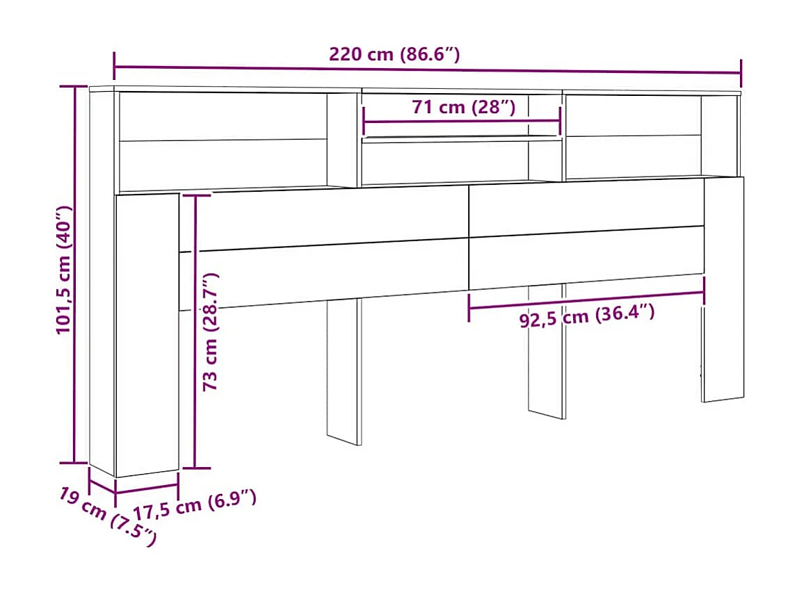 Cabinet de Tête de Lit Bois ancien 220 x 19 x 101.5 cm