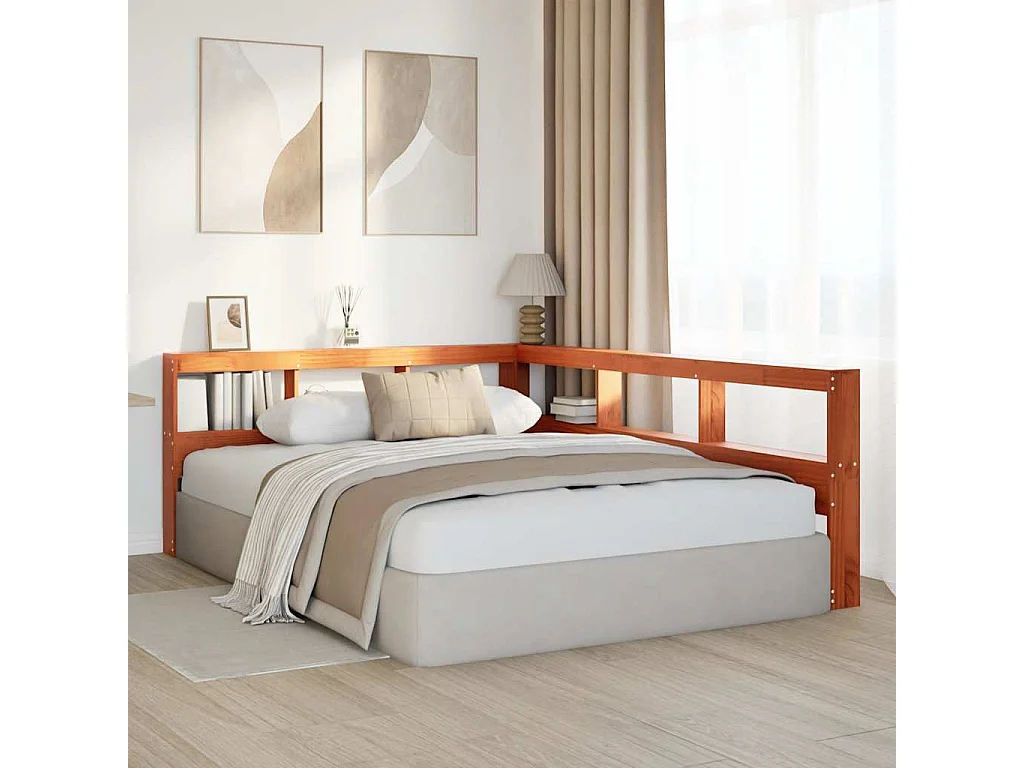 Tête de lit de bibliothèque en forme de L bois massif de pin