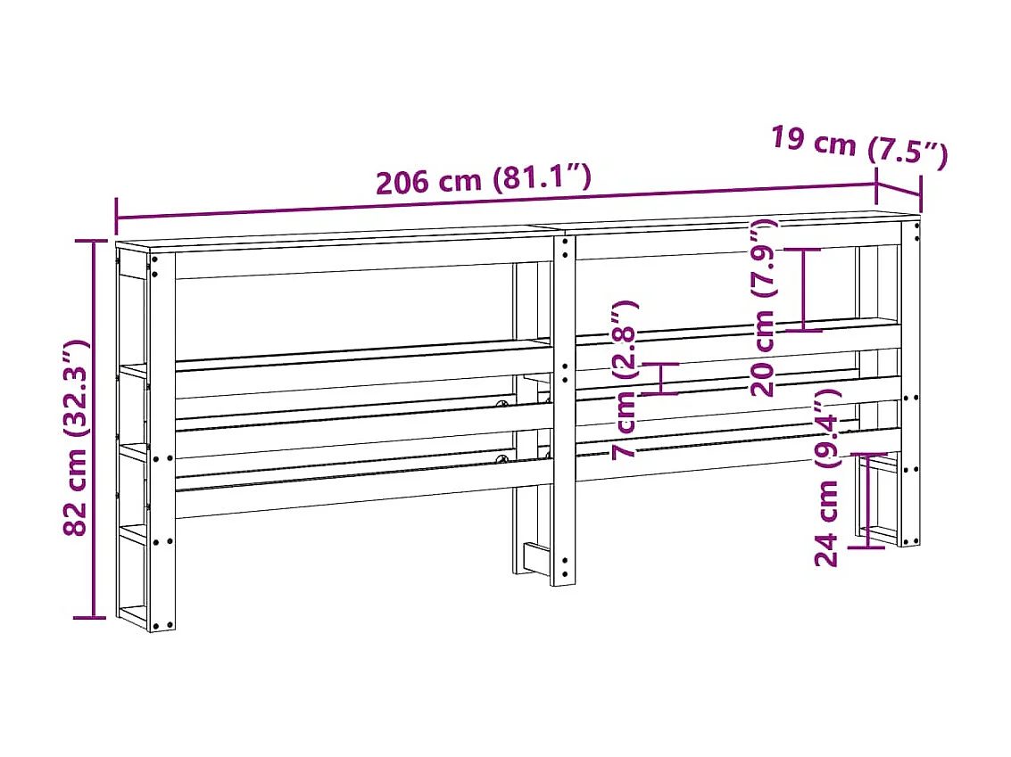Testiera con ripiani bianco 200 cm in legno massello di pino