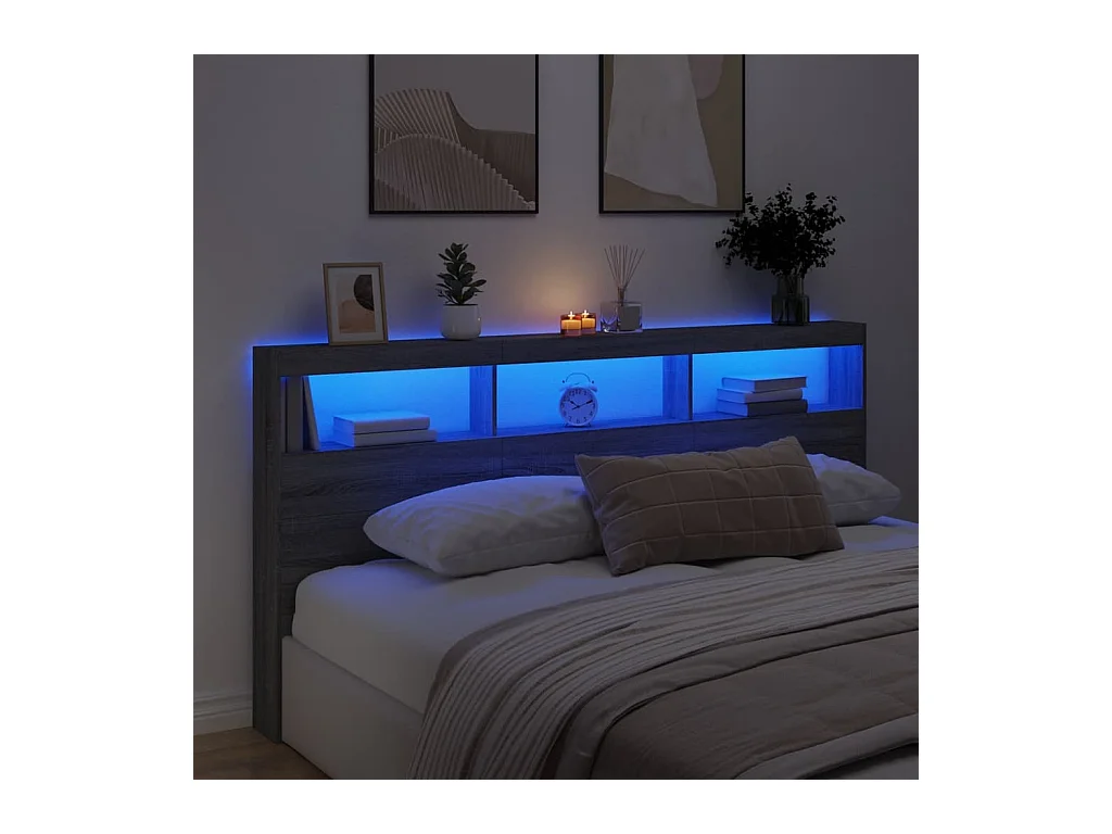 Hoofdbord kledingkast met LED Sonoma grijs 200x17x102 cm