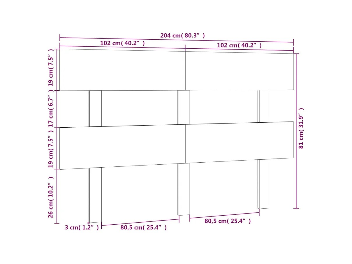 Tête de lit Noir 204x3x81 cm Bois massif de pin