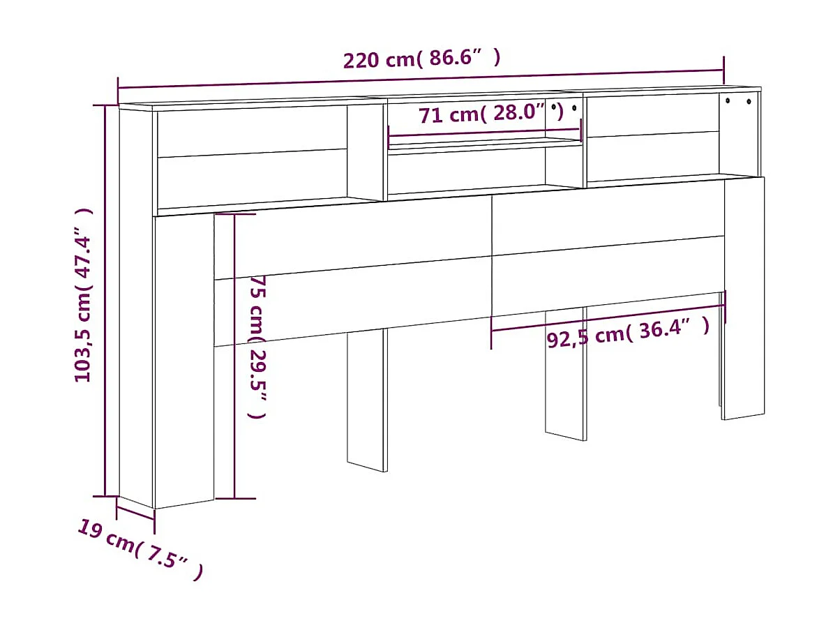 Sonoma grauer Kopfteilschrank 220x19x103,5 cm