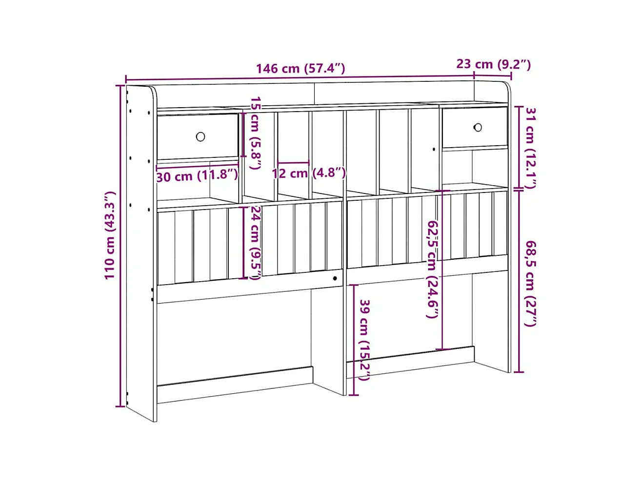 Cabecero blanco con almacenaje 140 cm madera maciza de pino
