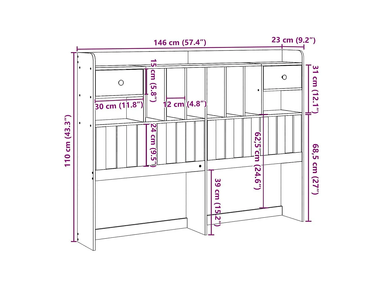 Tête de lit avec rangement blanc 140 cm bois massif de pin
