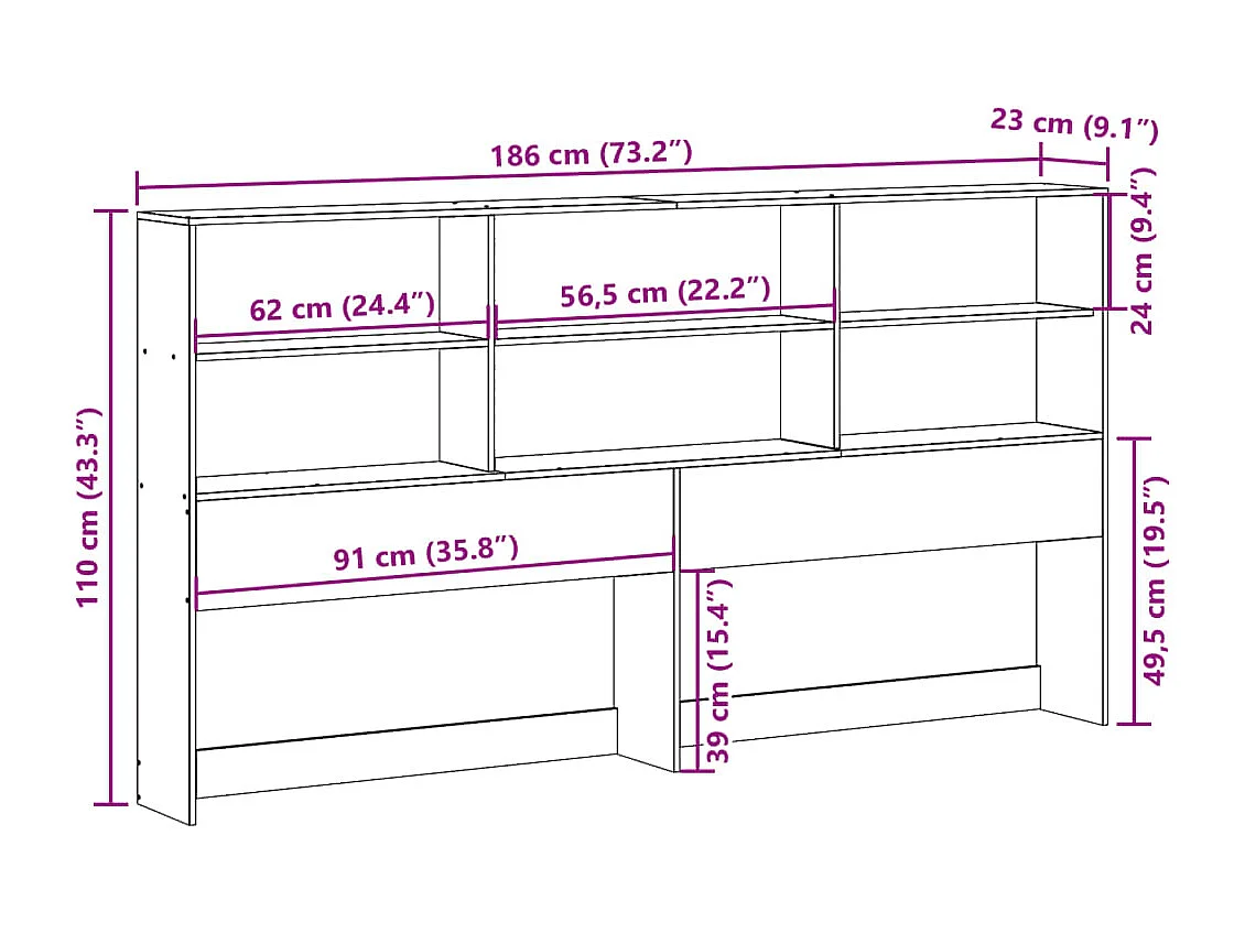 Testiera con contenitore 180 cm in legno massello di pino