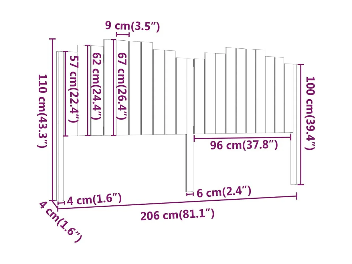 Cabecero negro 206x4x110 cm Madera maciza de pino