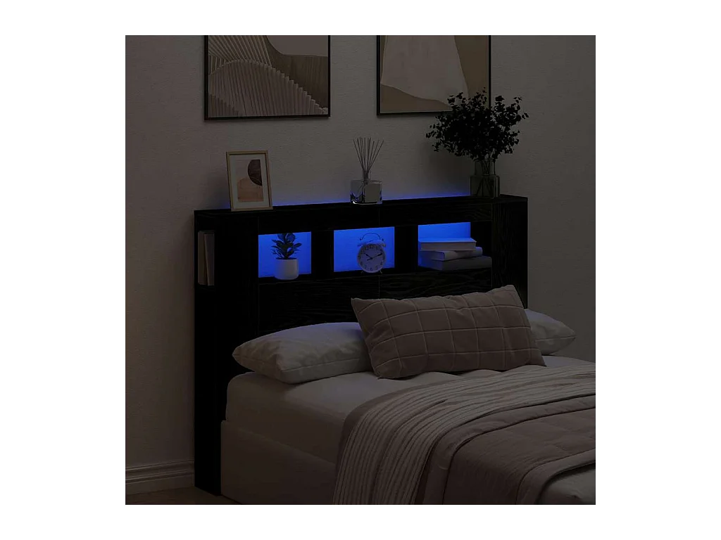 Tête de lit LED avec étagère Chêne noir 140 x 18,5 x 103,5 cm
