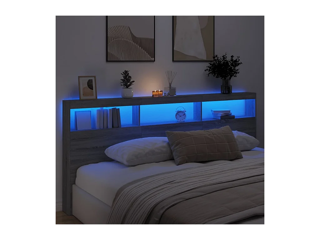 Hoofdbord met LED Sonoma Grey 220x17x102 cm