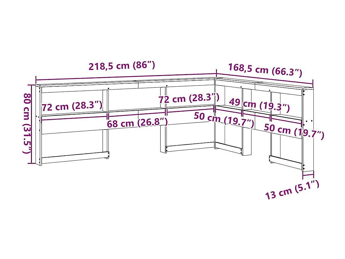 L-vormig boekenkasthoofdeinde van massief grenenhout
