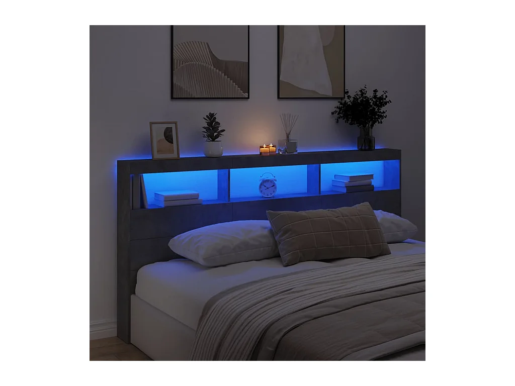 Betongrijs hoofdbord met LED's 200x17x102 cm