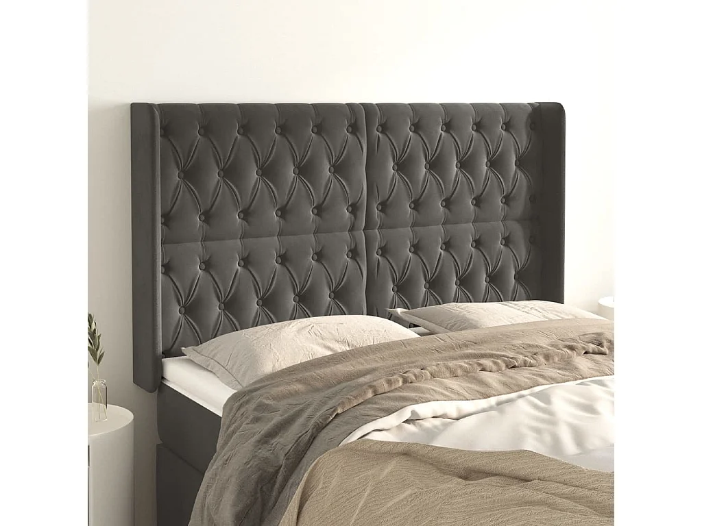 Tête de lit avec oreilles Gris foncé 163x16x118/128 cm Velours