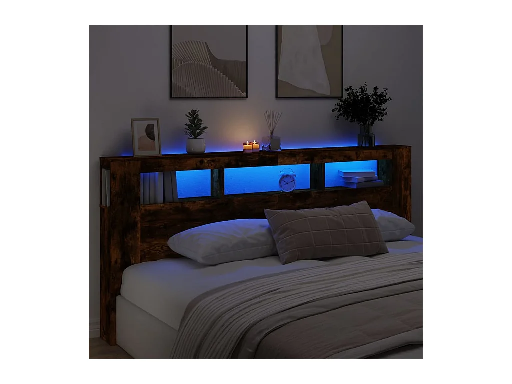 Gerookt eiken LED hoofdbord 220x18,5x103,5cm bewerkt hout