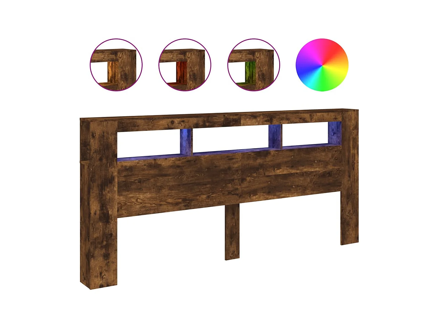 Gerookt eiken LED hoofdbord 220x18,5x103,5cm bewerkt hout