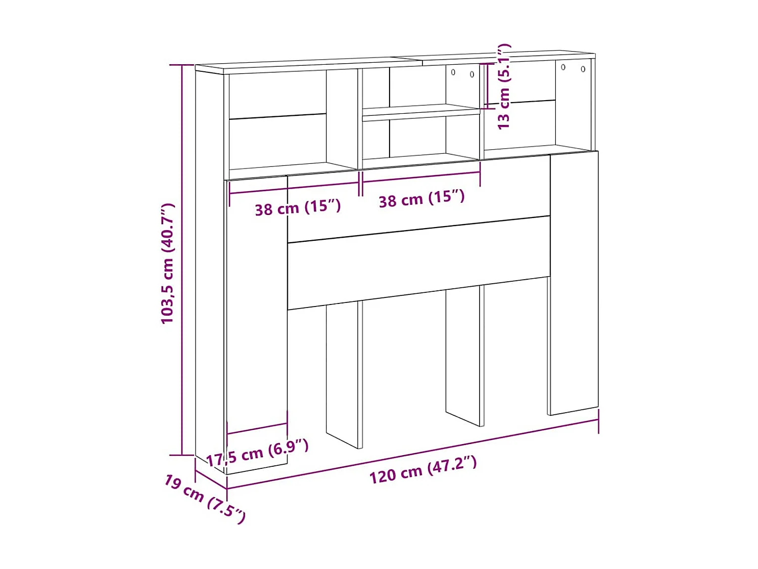 Zwarte eiken hoofdeindekast 120 x 19 x 103,5 cm
