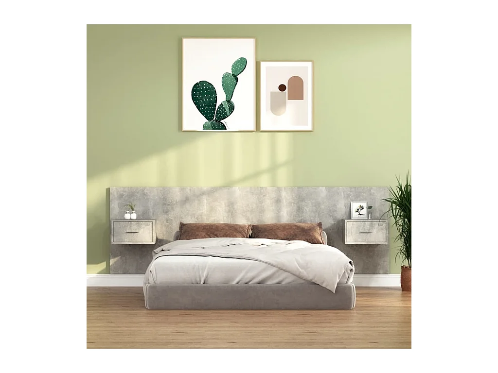 Betongraues Kopfteil aus Holzwerkstoff mit Schränken