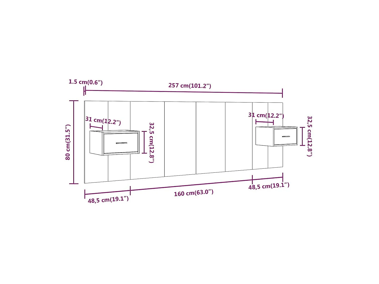 Tête de lit avec armoires Gris béton Bois d'ingénierie