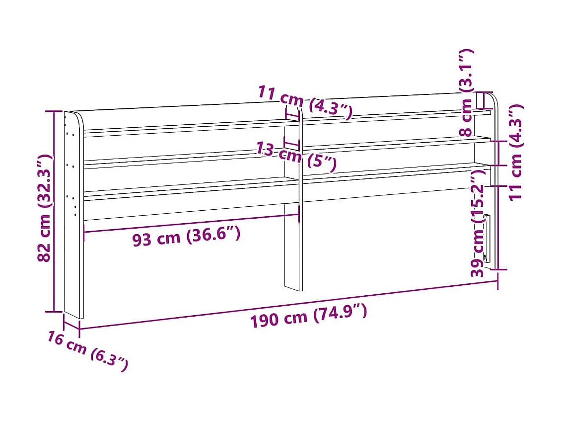 Testiera con ripiani, cera marrone, 180 cm, legno massello di pino