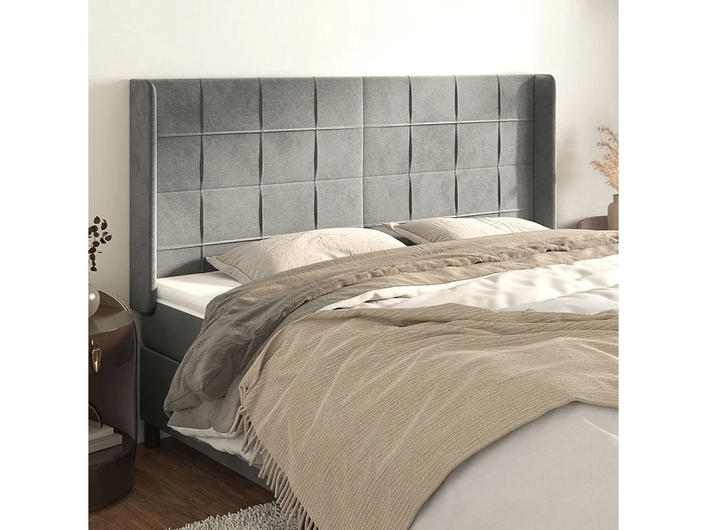 Hoofdbord met vleugels Lichtgrijs 203x16x118/128 cm Fluweel