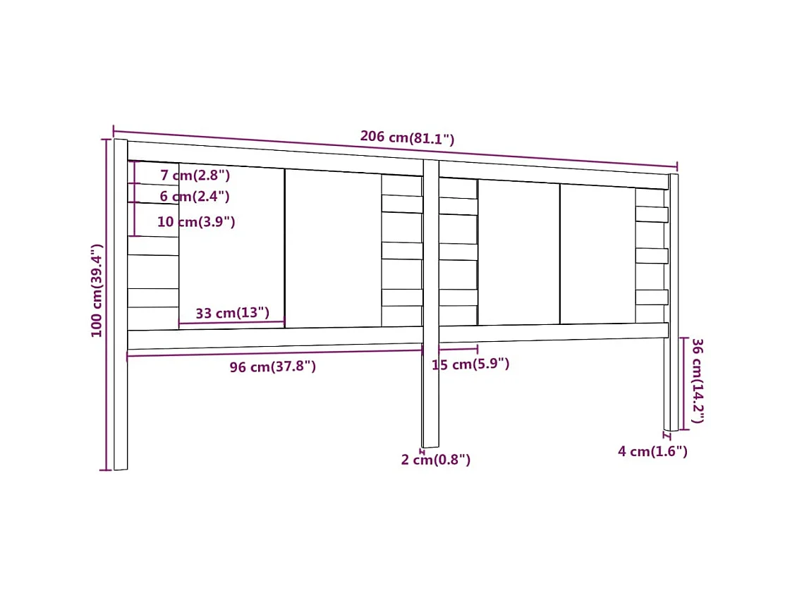 Zwart hoofdbord 206x4x100 cm Massief grenenhout