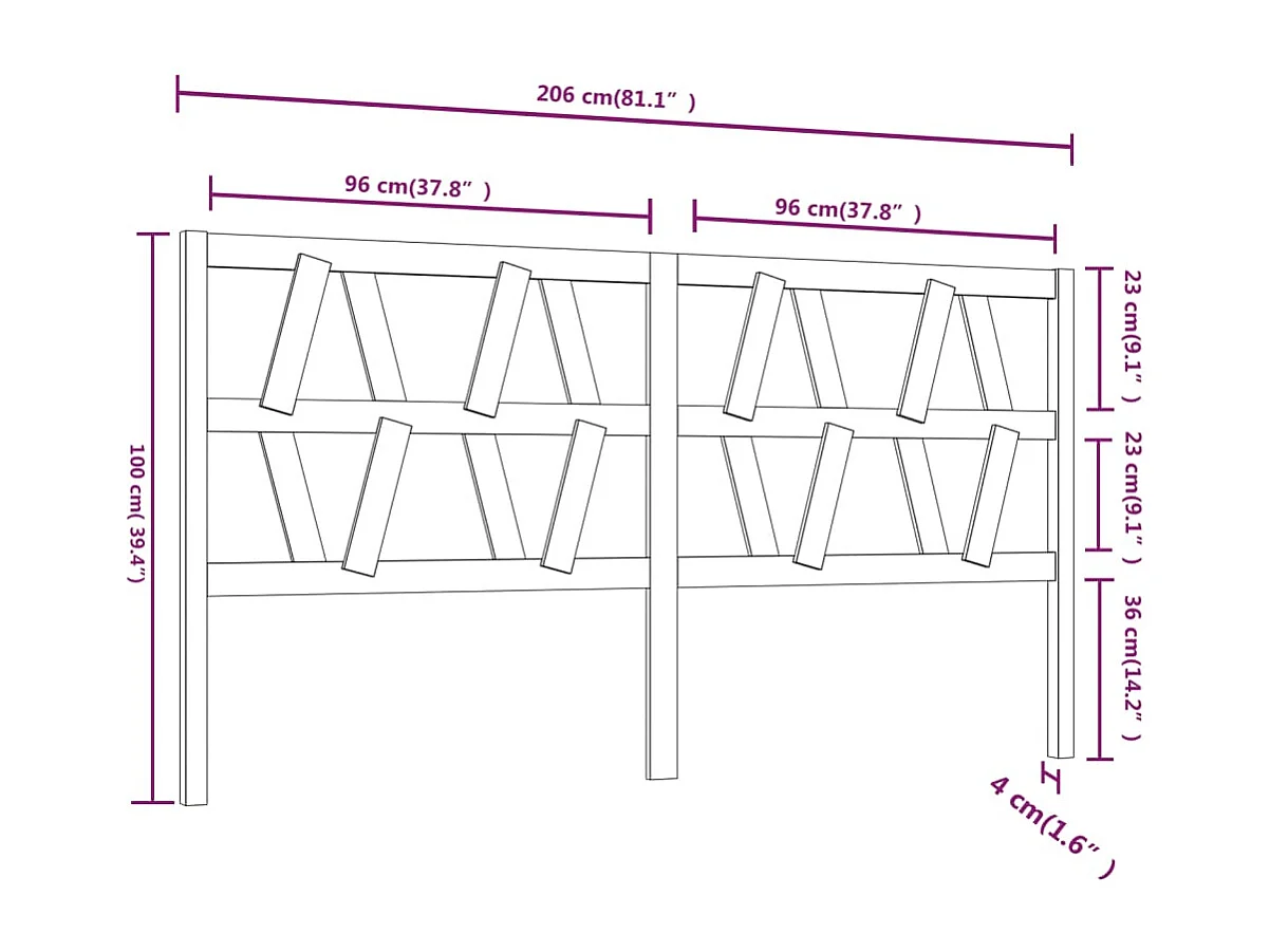 Zwart hoofdbord 206x4x100 cm Massief grenenhout
