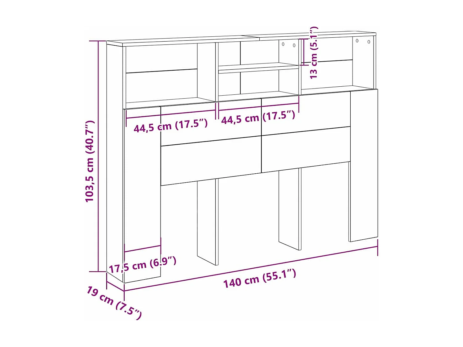 Zwarte eiken hoofdeindekast 140 x 19 x 103,5 cm
