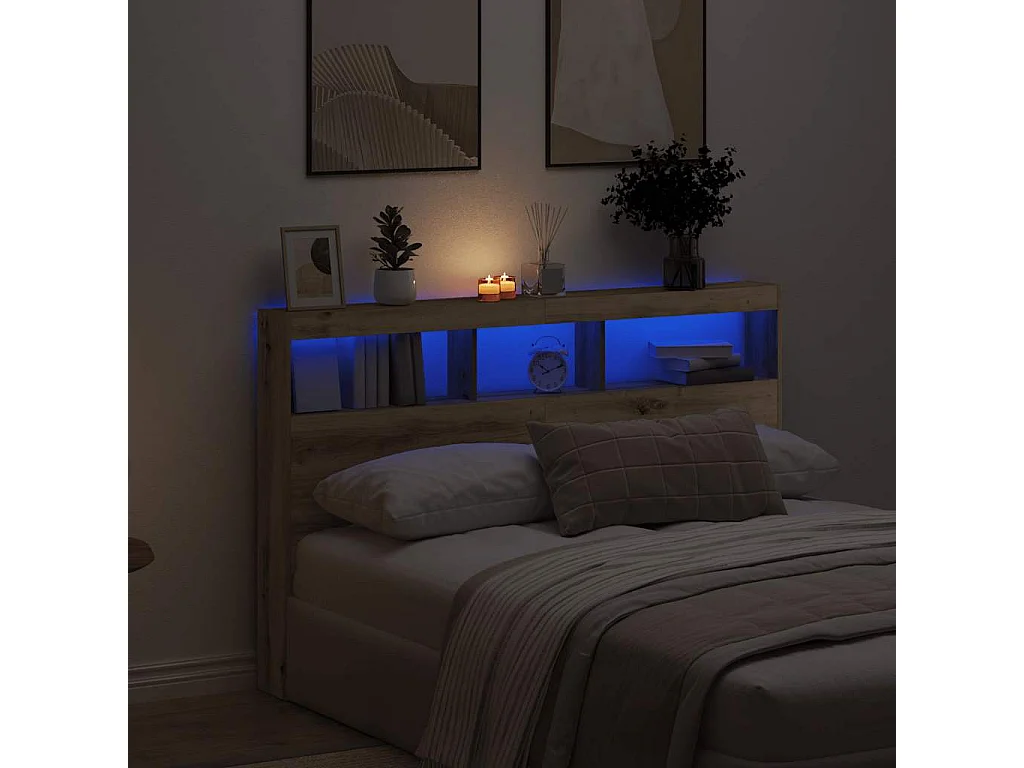 Hoofdbordkast met LED-verlichting, handgemaakt eikenhout, 160x17x102 cm
