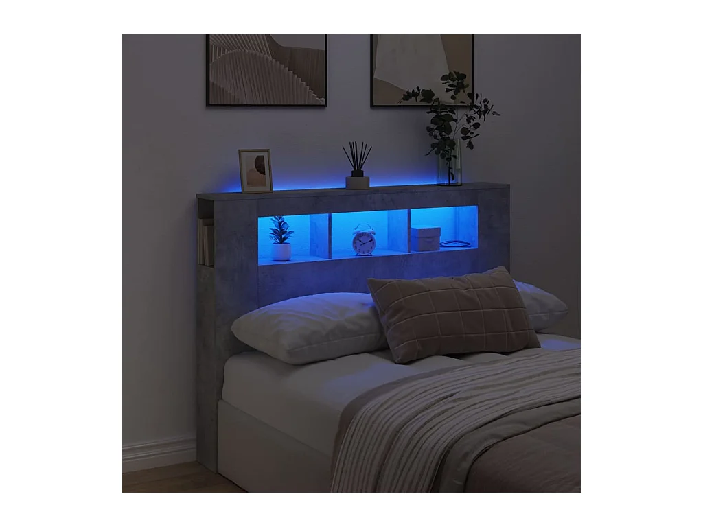 Betongrijs LED hoofdbord 140x18,5x103,5cm bewerkt hout
