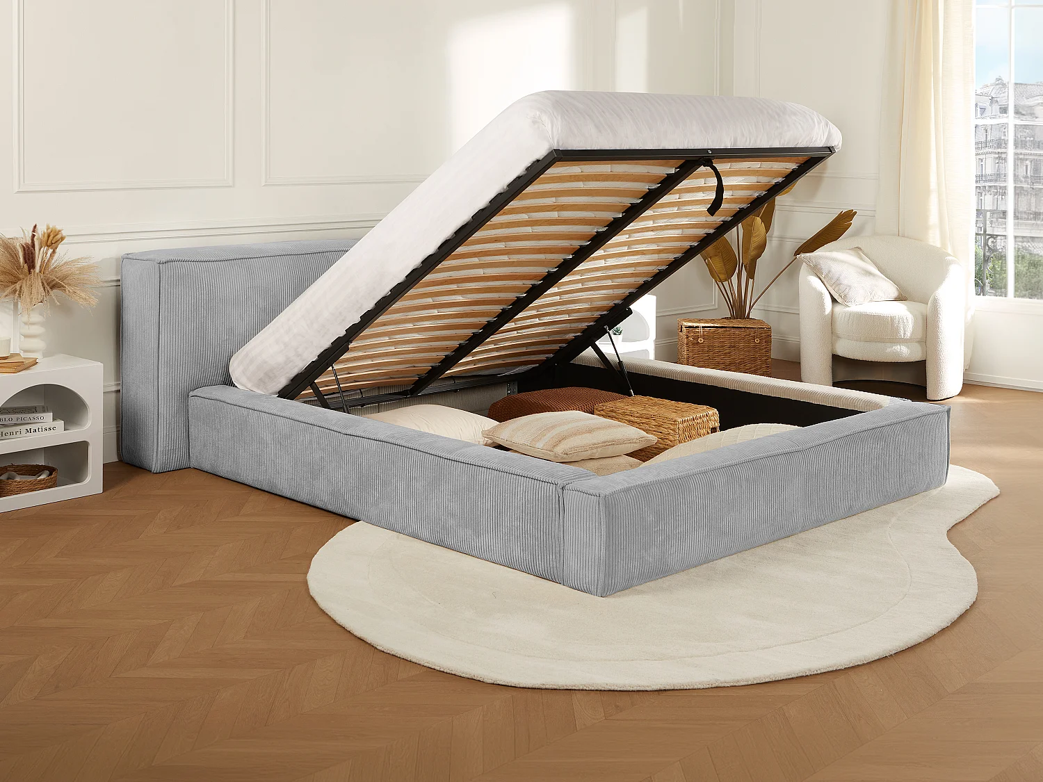 Bed met opbergruimte 180 x 200 cm - Ribfluweel - Lichtgrijs - TIMANO - Pascal Morabito