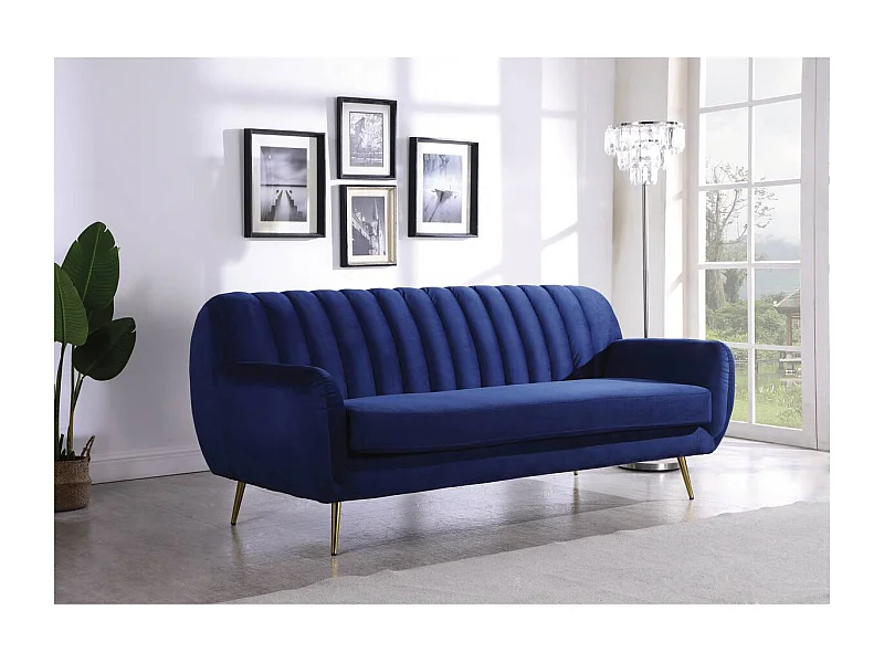 Divano fisso in velluto "Evans" - 195 x 84 x 82 cm - 3 posti a sedere - Blu scuro