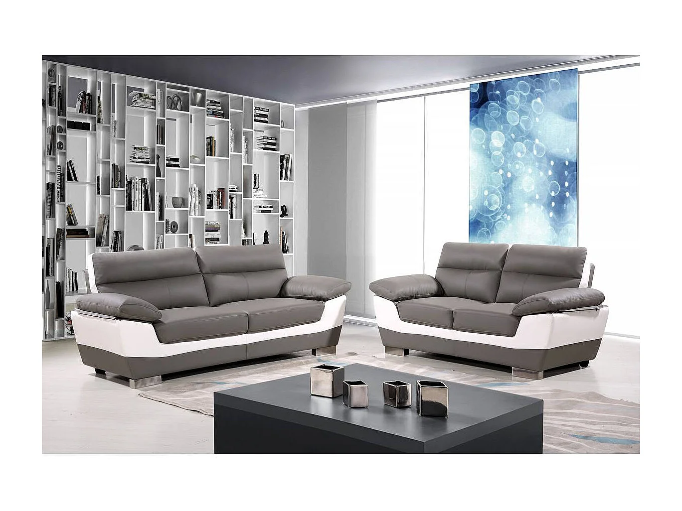 Canapé fixe en cuir reconstitué et PVC " Dallas" - 210 x 88 x 90 cm - 3 places - Gris/Blanc