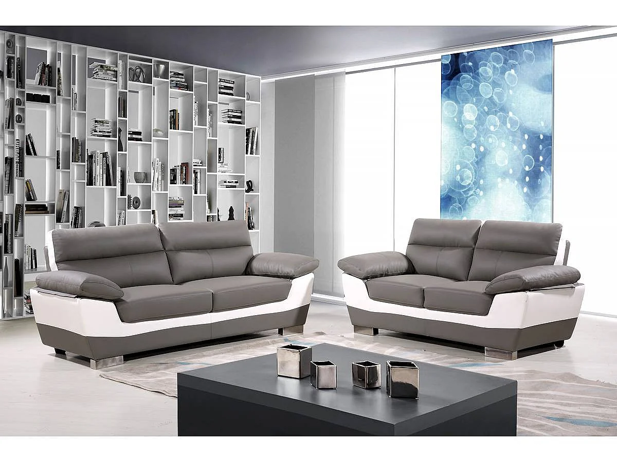 Bank gereconstrueerd leer en pvc meubel bankstel "Dallas" - 210 x 88 x 90 cm - 3 zits - Grijs / Wit