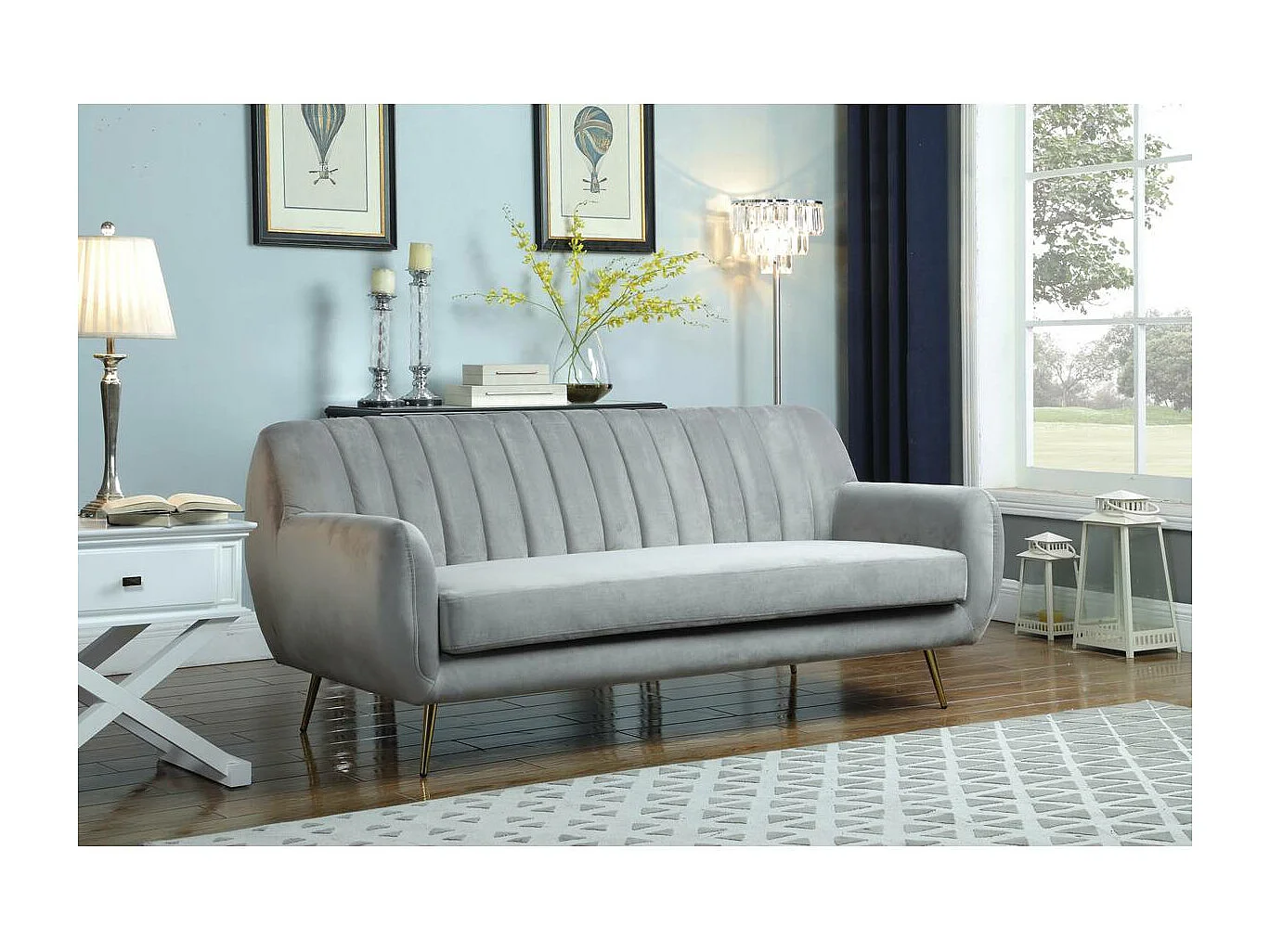 Elegante Grijze Fluwelen Bank "Evans" - 3-Zits - Scandinavisch Design - Metalen Poten