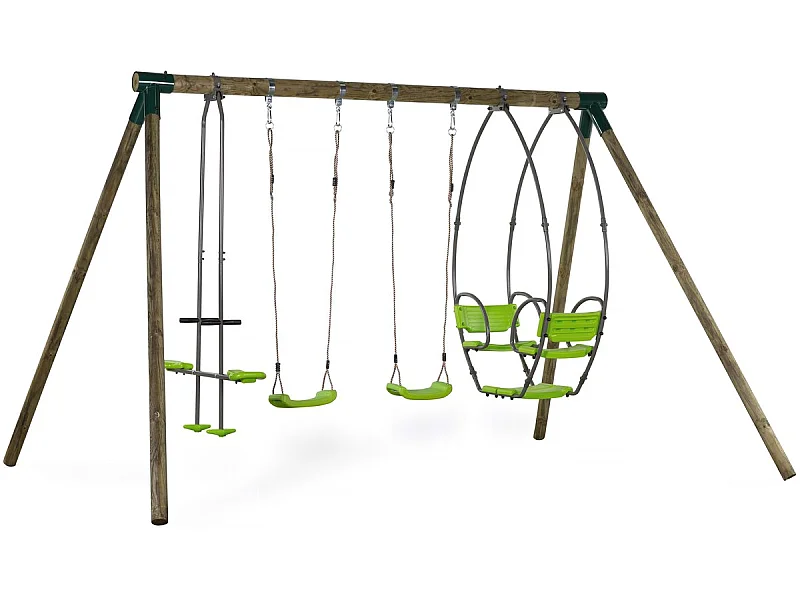 Portique bois "Nelio" - Avec 2 balançoires , 1 vis-à-vis et 1 nacelle.