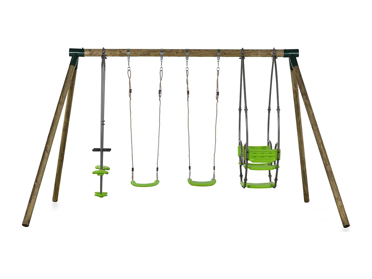Columpio de madera "Nelio" - Con 2 columpios, 1 cara a cara y 1 cesta