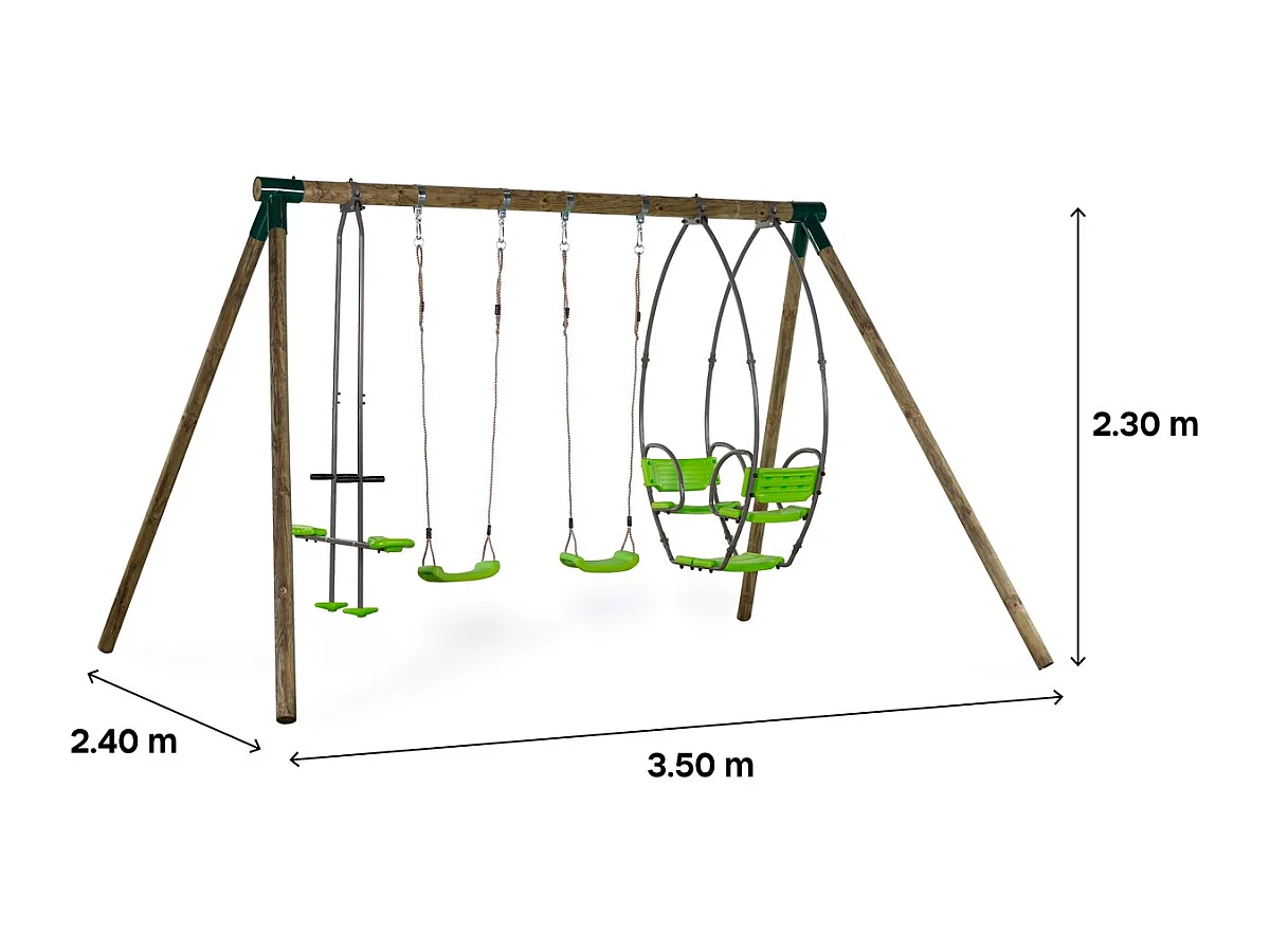 Columpio de madera "Nelio" - Con 2 columpios, 1 cara a cara y 1 cesta