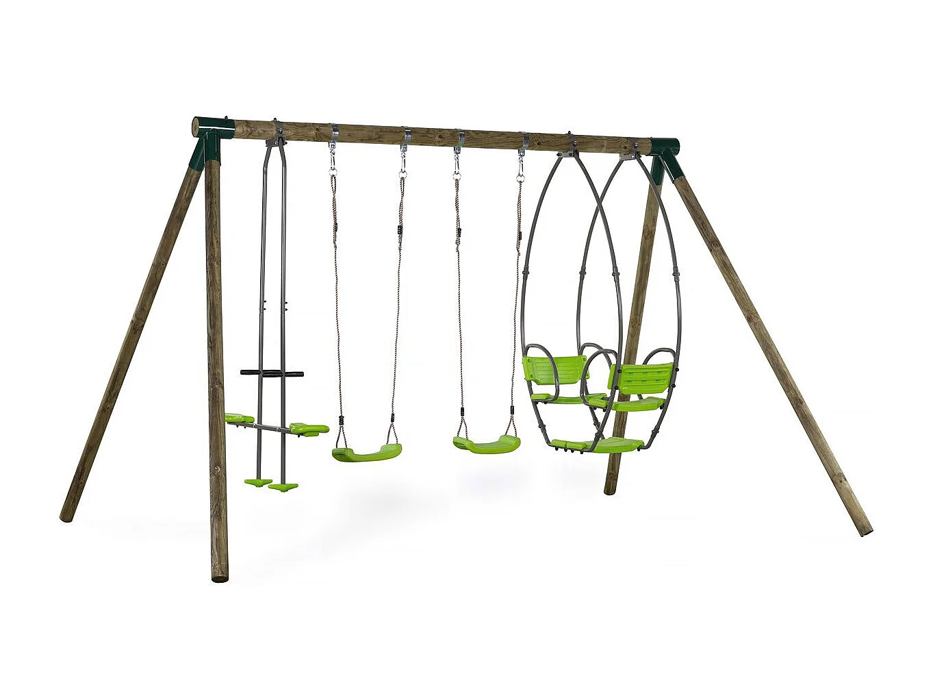 Portique bois "Nelio" - Avec 2 balançoires , 1 vis-à-vis et 1 nacelle.