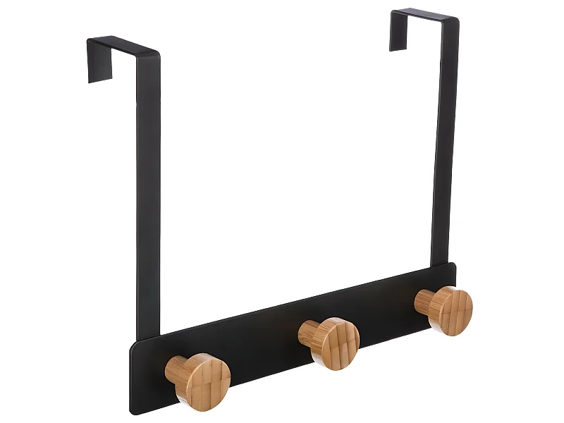 Patère de porte en Métal Noir 3 Têtes en Bambou L 25 cm