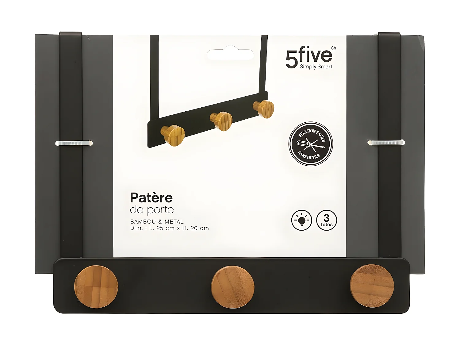 Patère de porte en Métal Noir 3 Têtes en Bambou L 25 cm