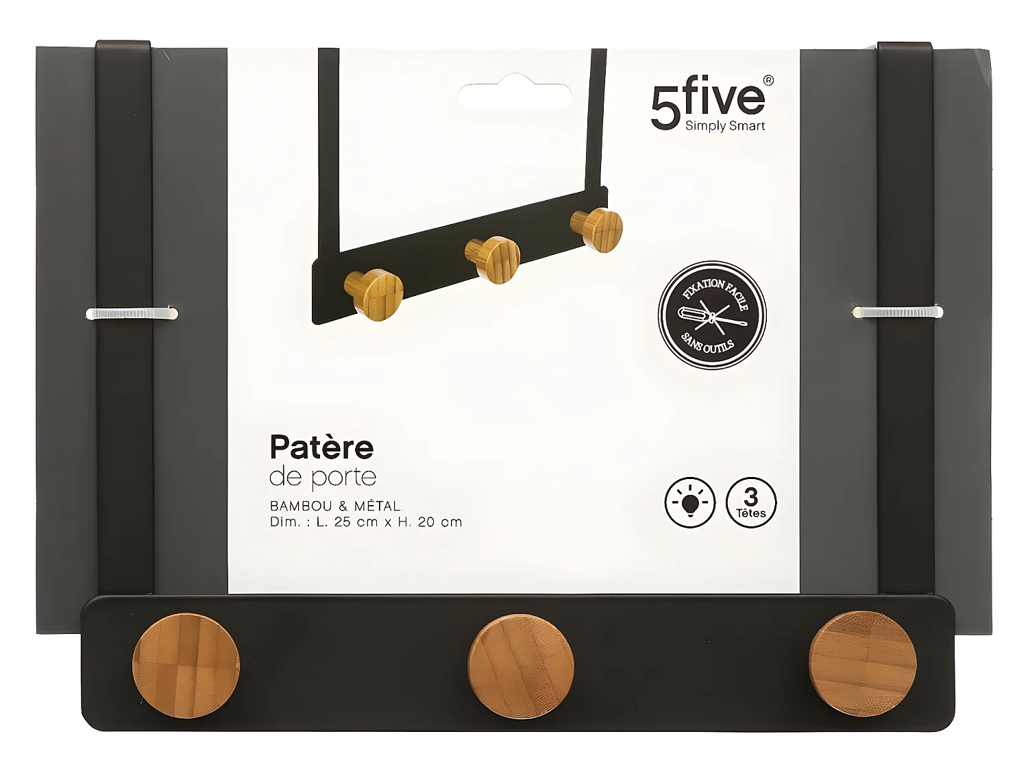 Patère de porte en Métal Noir 3 Têtes en Bambou L 25 cm