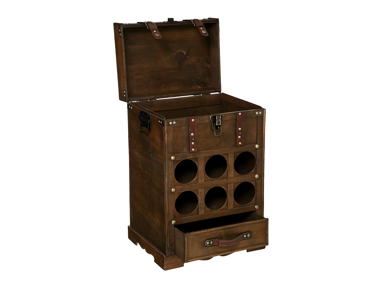 Coffre mini Bar rétro en bois 6 cases à bouteilles H 58.5 cm