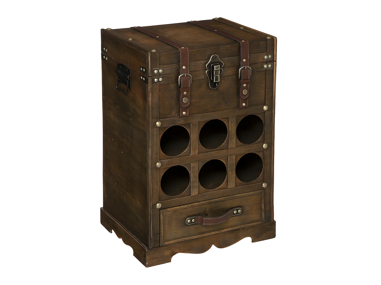 Coffre mini Bar rétro en bois 6 cases à bouteilles H 58.5 cm